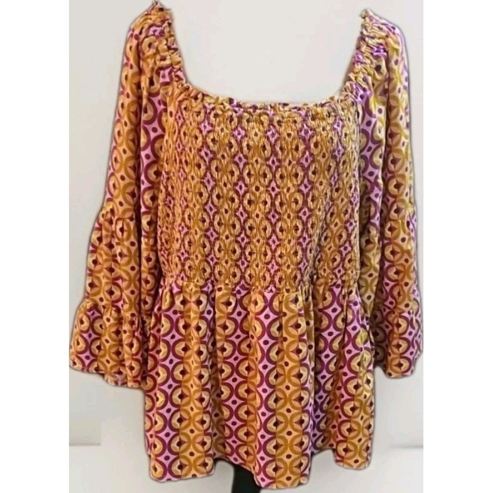 Bell Sleeve Smocked Peplum Top Women's 1X Cottage Core Blouse Orange Red #33‎